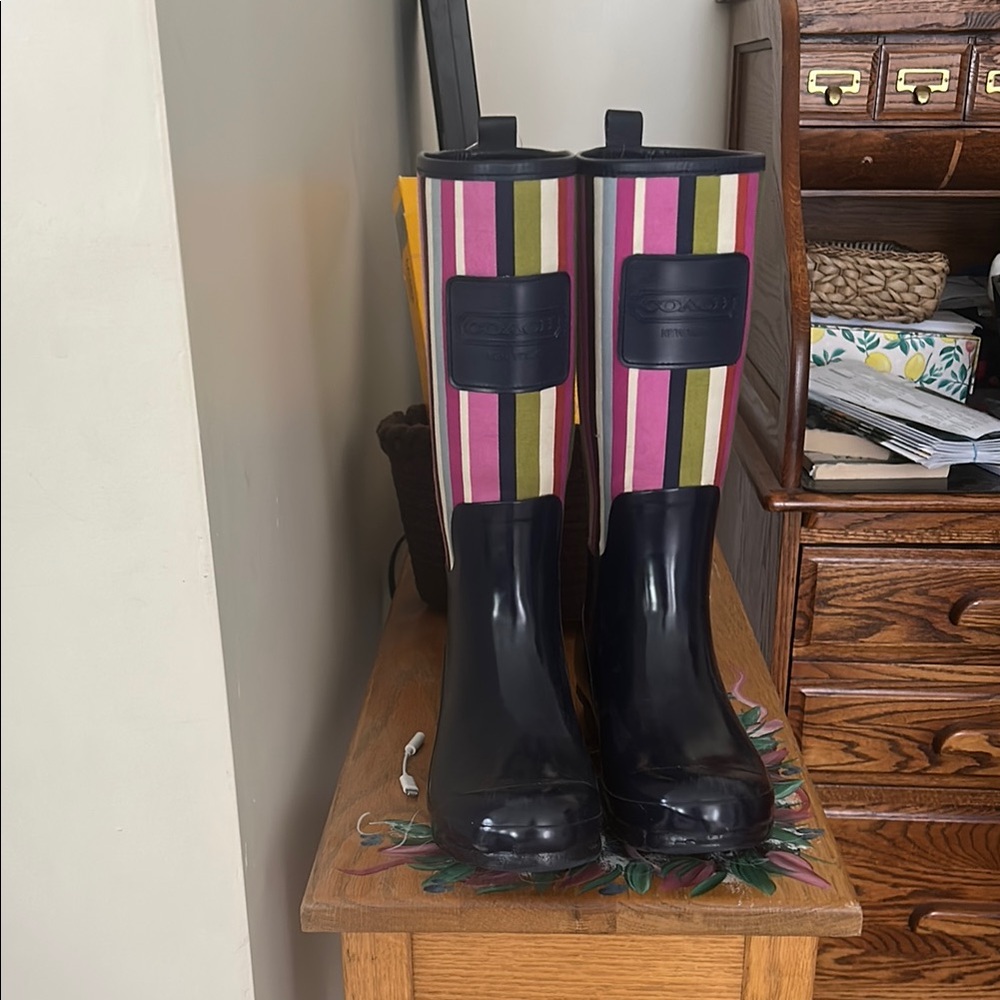 Coach Women's Striped Winter Rain Boots - Navy , Pink, Green